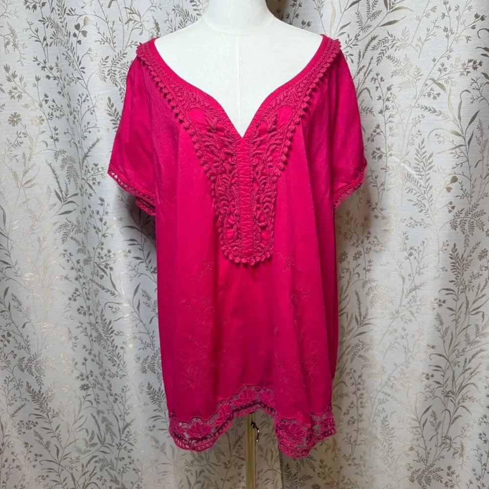 Motto Crochet V Neck Tunic Top Womens 3X Pink Boho Peasant Plus Size Festival